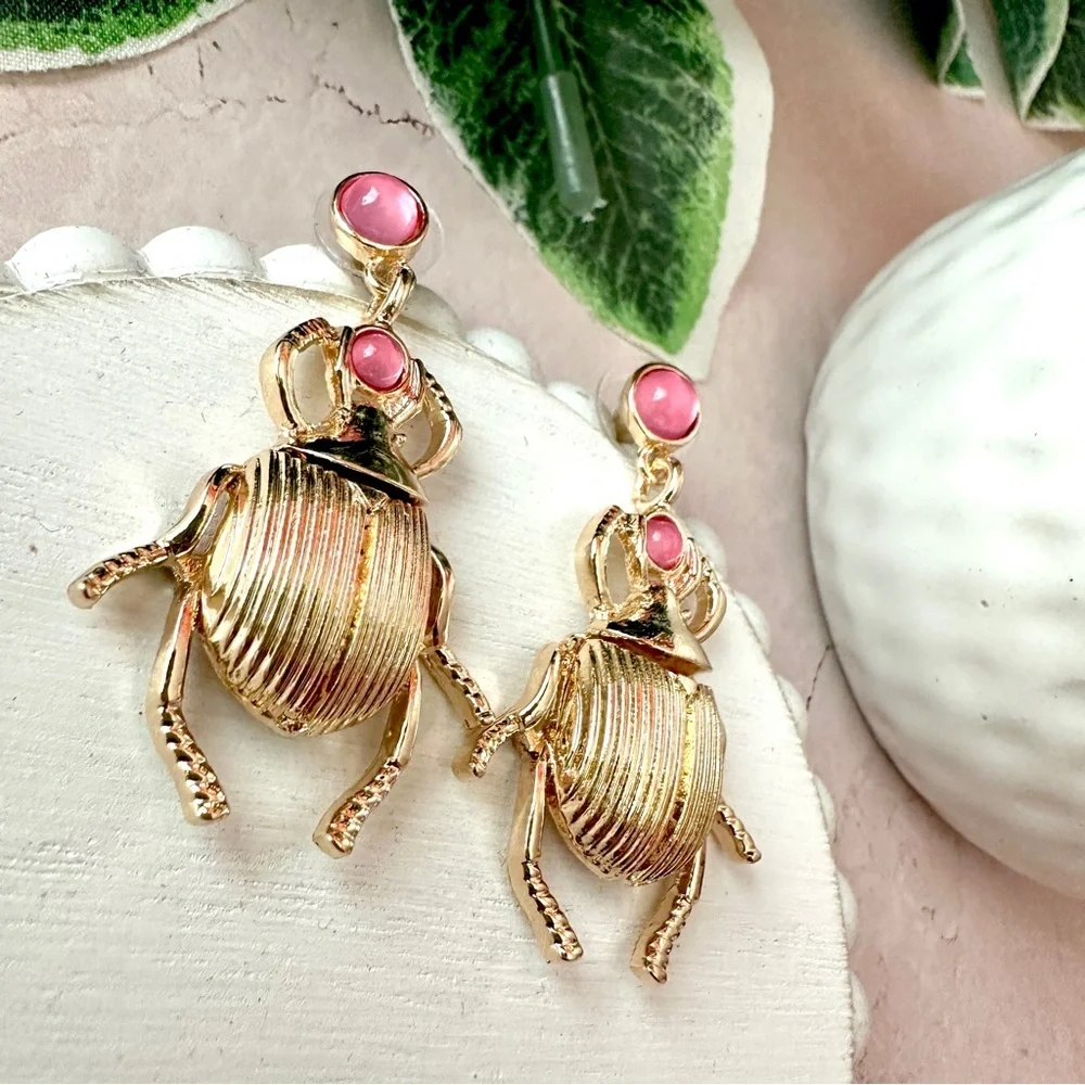 2/$30🌵 Egyptian Scarab Beetle Earrings Insect Gold Pink Art Nouveau Bug NEW